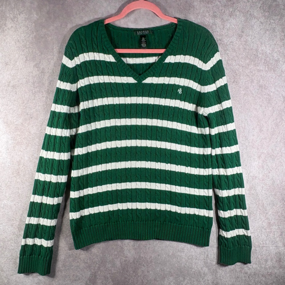 Lauren Ralph Lauren Sweater Womens‎ XL Green Striped Cable Knit V-Neck Cotton